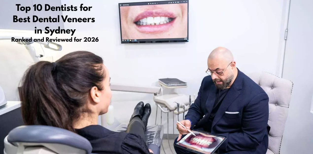 Dentist discussing dental veneer treatment options with a patient during a smile consultation in Sydney.